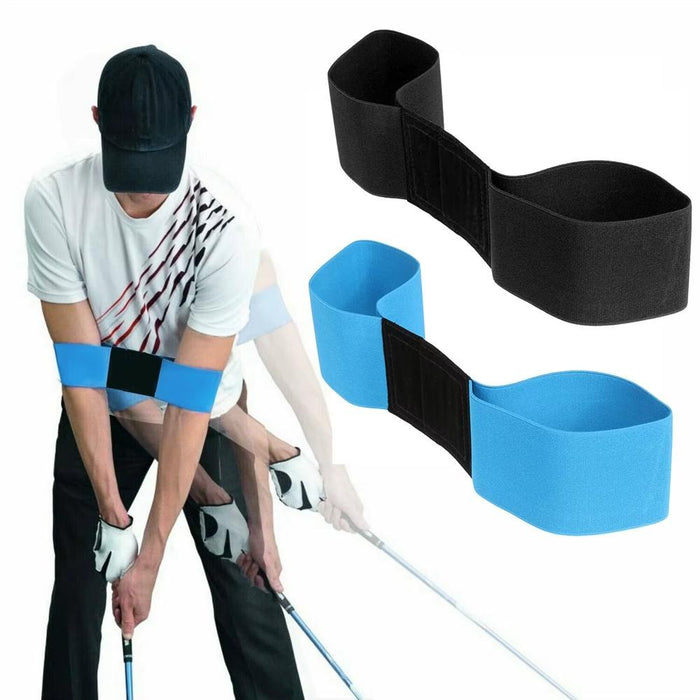 Blågrønne og sorte armbånd til golfsving med golfspiller midt i svinget