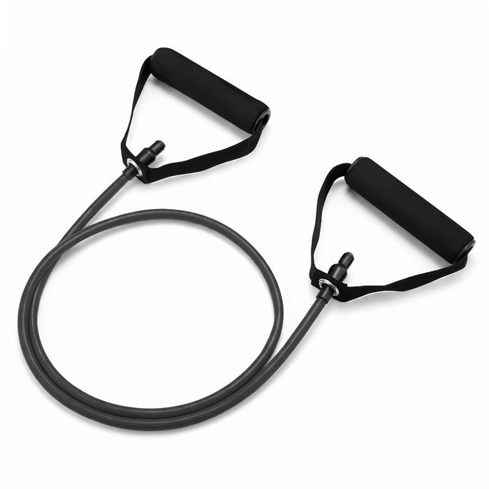 Black resistance band with foam handles on white background