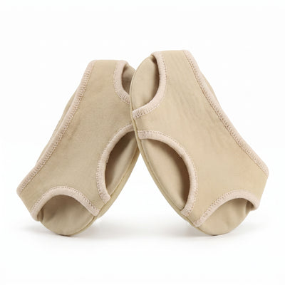 Pair of beige gel forefoot cushion pads on white background