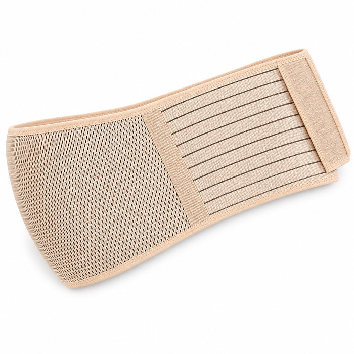 Beige gravidbälte med nätpanel och kardborrband mot vit bakgrund
