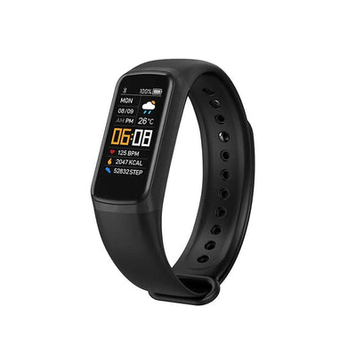Black fitness tracker band showing heart rate and step data