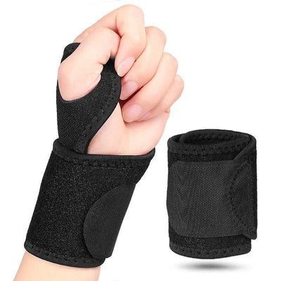 Justerbart svart handledsband buret över handflata och handled