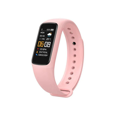 Pink fitness tracker band with color touchscreen display