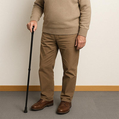 Person som går inomhus med den justerbara käppen