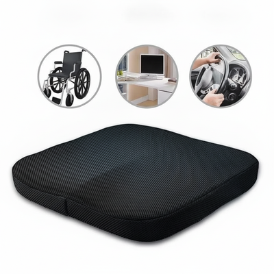 Seat cushion shown for wheelchair, office desk, and car use