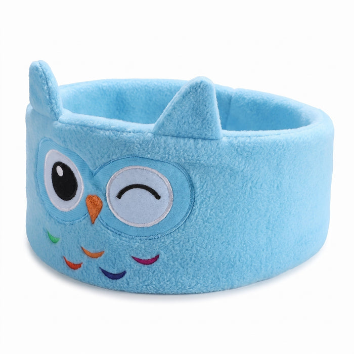 Blått pannebånd/sovemaske for barn i fleece formet som en ugle, sett forfra