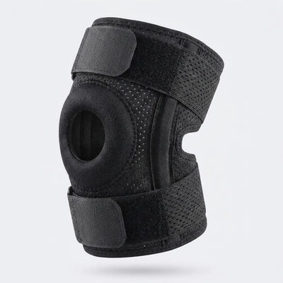Three-quarter angle view of black knee brace showing side stabilizers