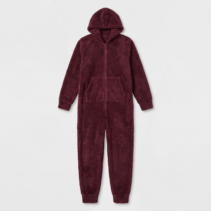 Bordeaux sherpa-fleece-heldragt med hætte lagt fladt