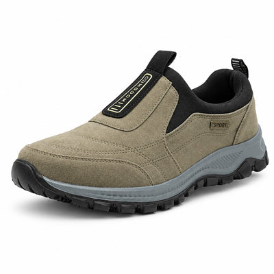 Khakifärgade slip-on-skor med svart dragflik och grå sula