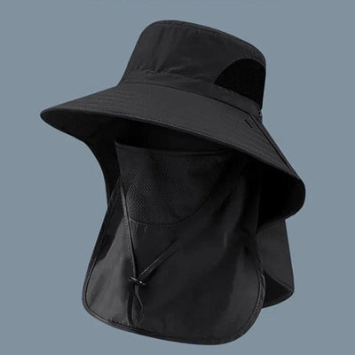 Black sun hat with detachable face cover and chin strap